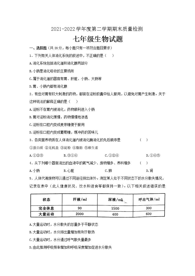 山东省菏泽市单县2021-2022学年七年级下学期期末考试生物试题(word版含答案)第1页