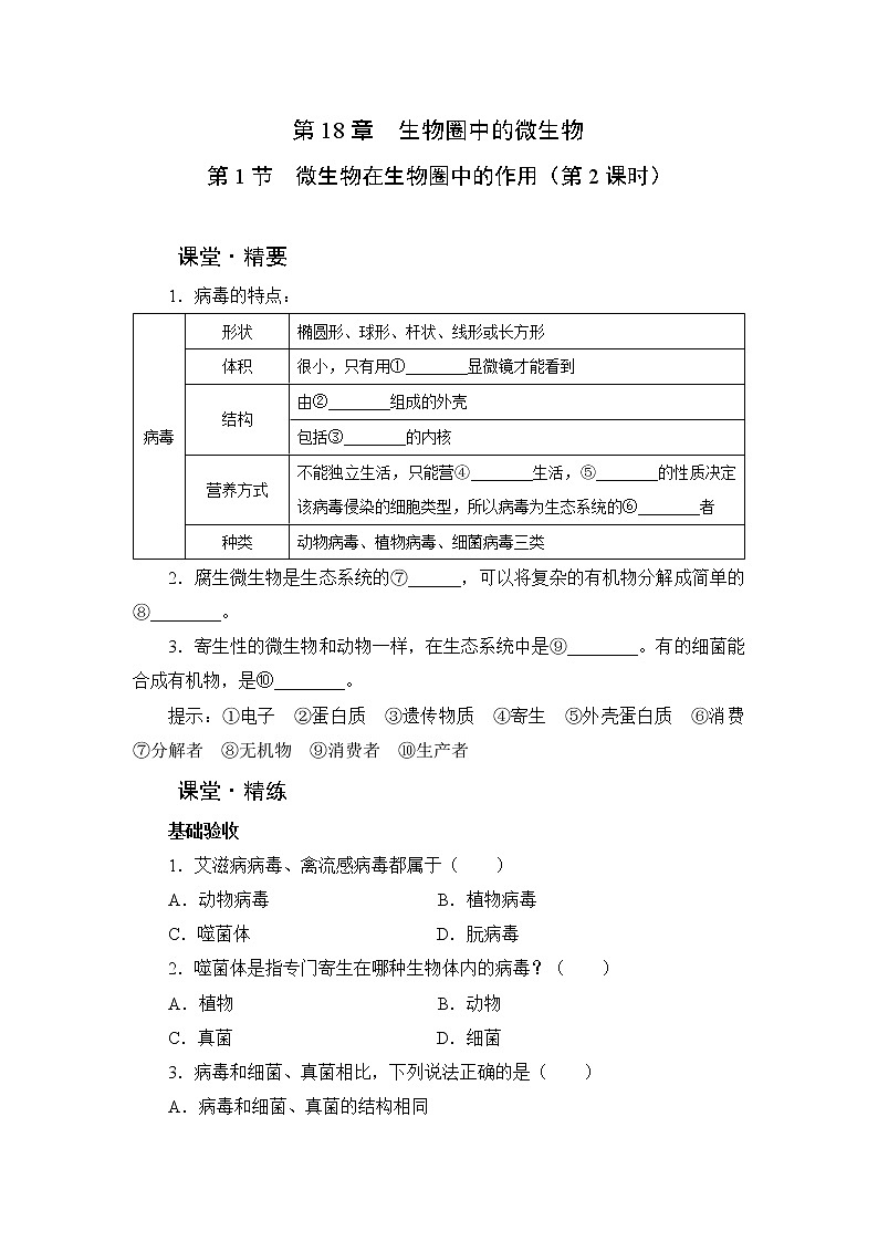 北师大生物八上第18章 第1节《微生物在生物圈中的作用》课堂精练及答案第1页
