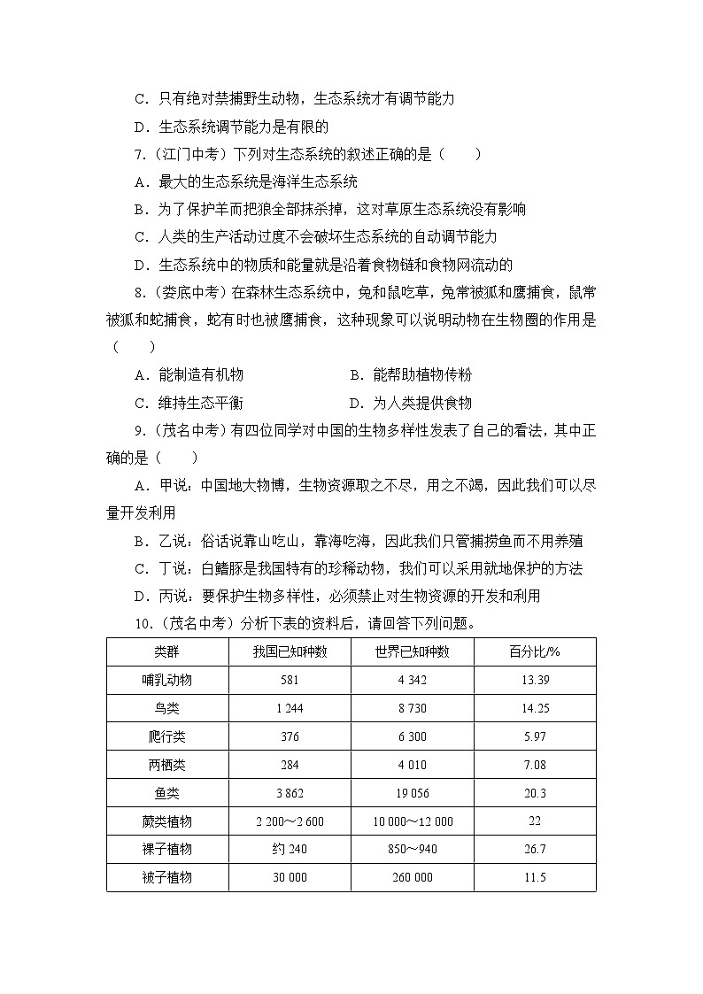 北师大生物八上第17章《生物圈中的动物》中考实践演练及答案02