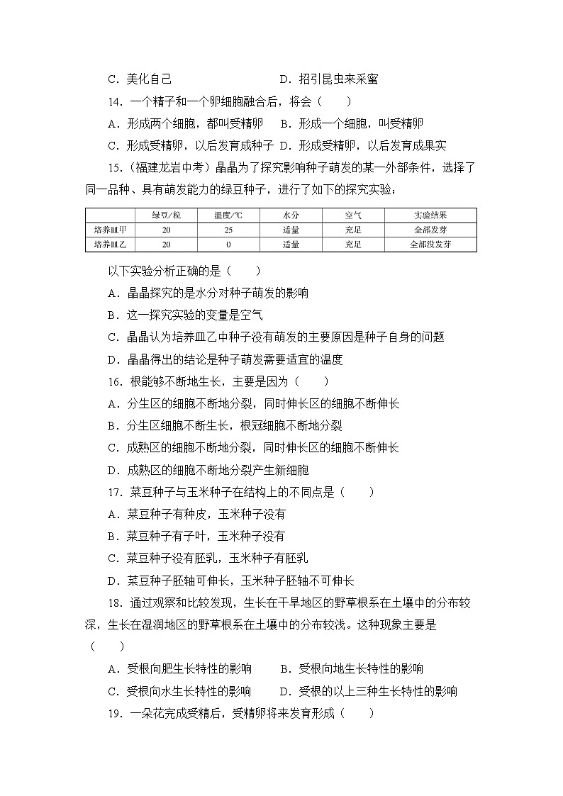 北师大版生物七上第三单元《生物圈中的绿色植物》测试卷及答案第3页