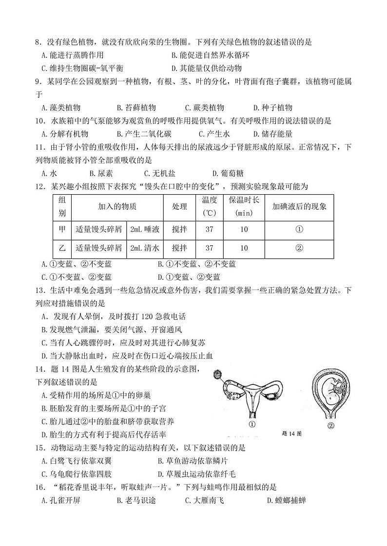 2022年广东中考真题生物试题及答案02