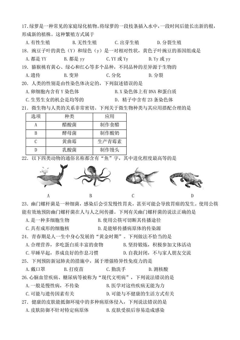 2022年广东中考真题生物试题及答案03