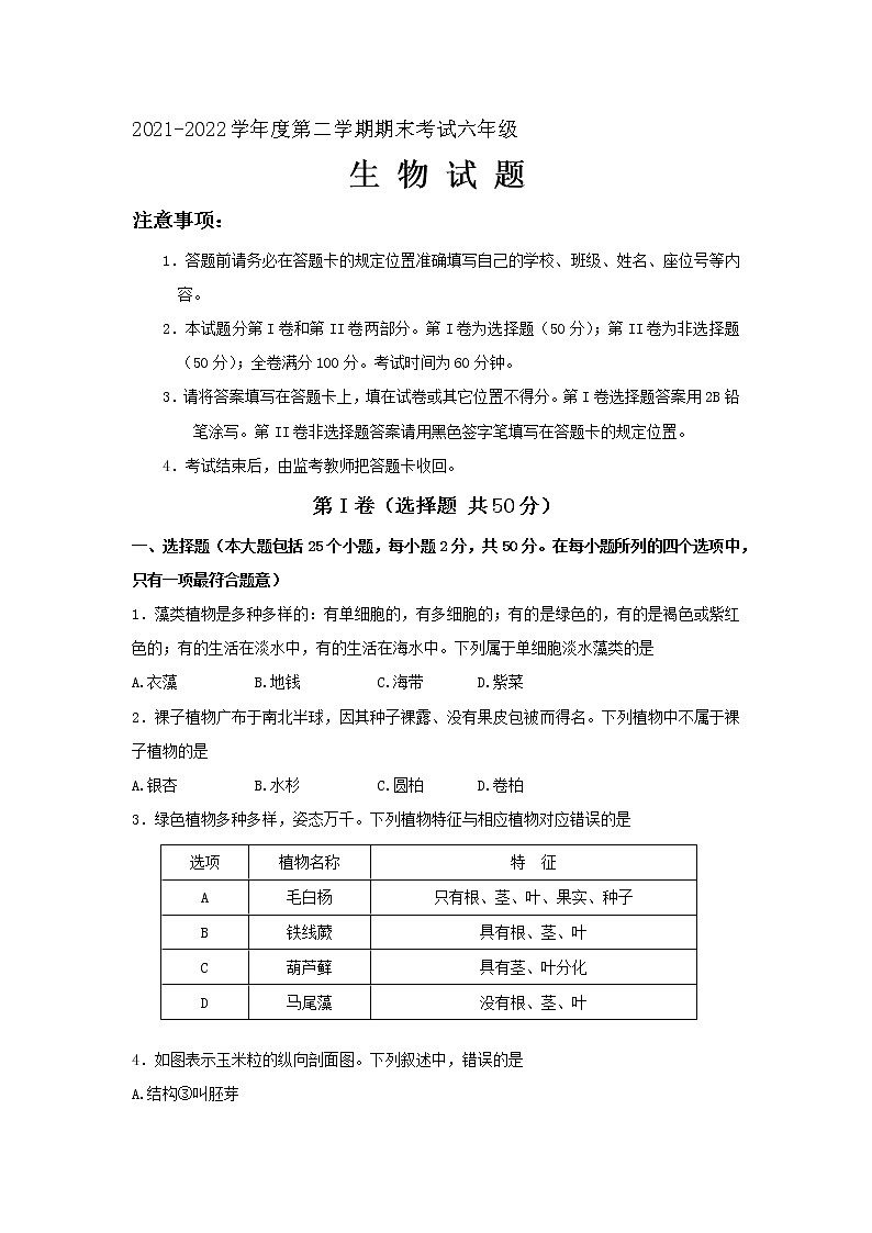 山东省济南市莱芜区（五四制）2021-2022学年六年级下学期期末考试生物试题(word版含答案)01