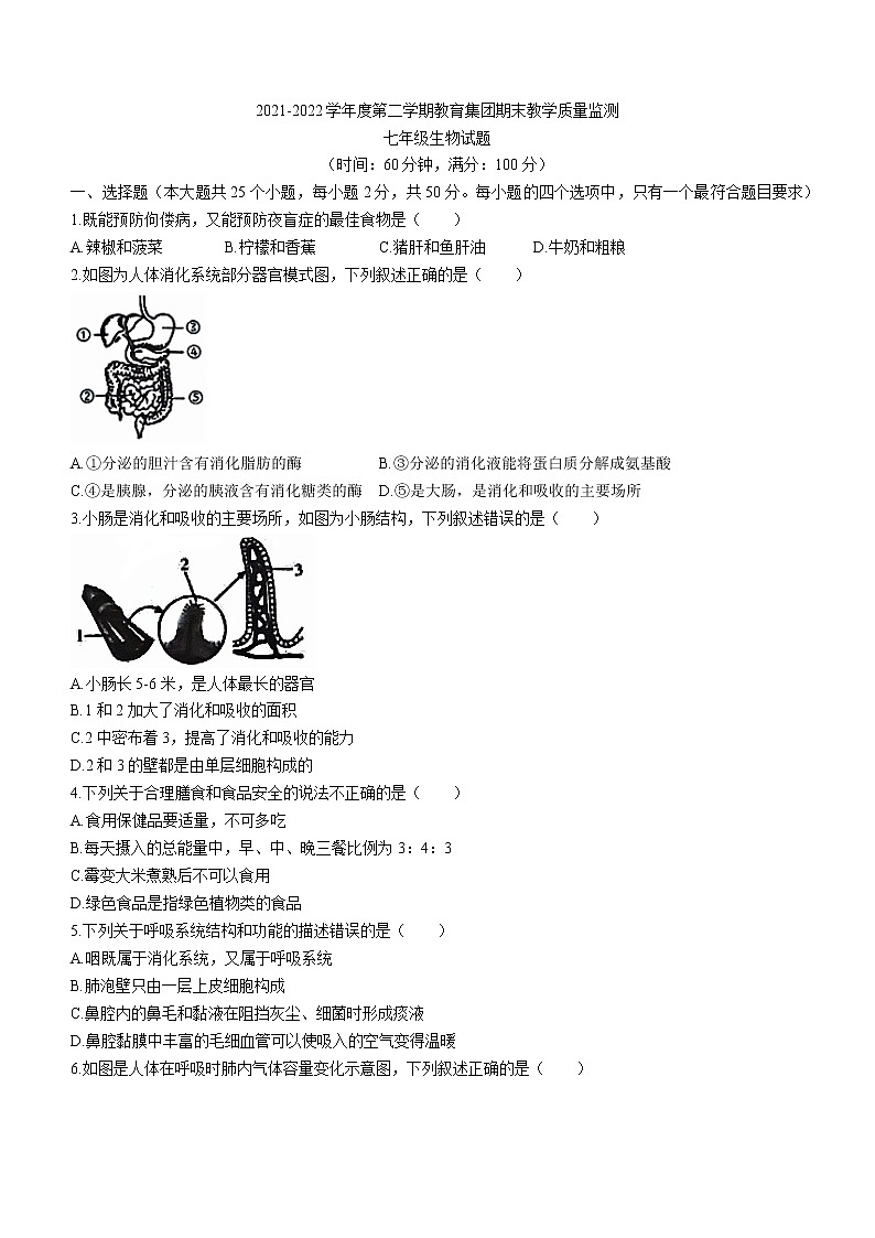 山东省滨州市博兴县2021-2022学年七年级下学期期末生物试题(word版含答案)第1页