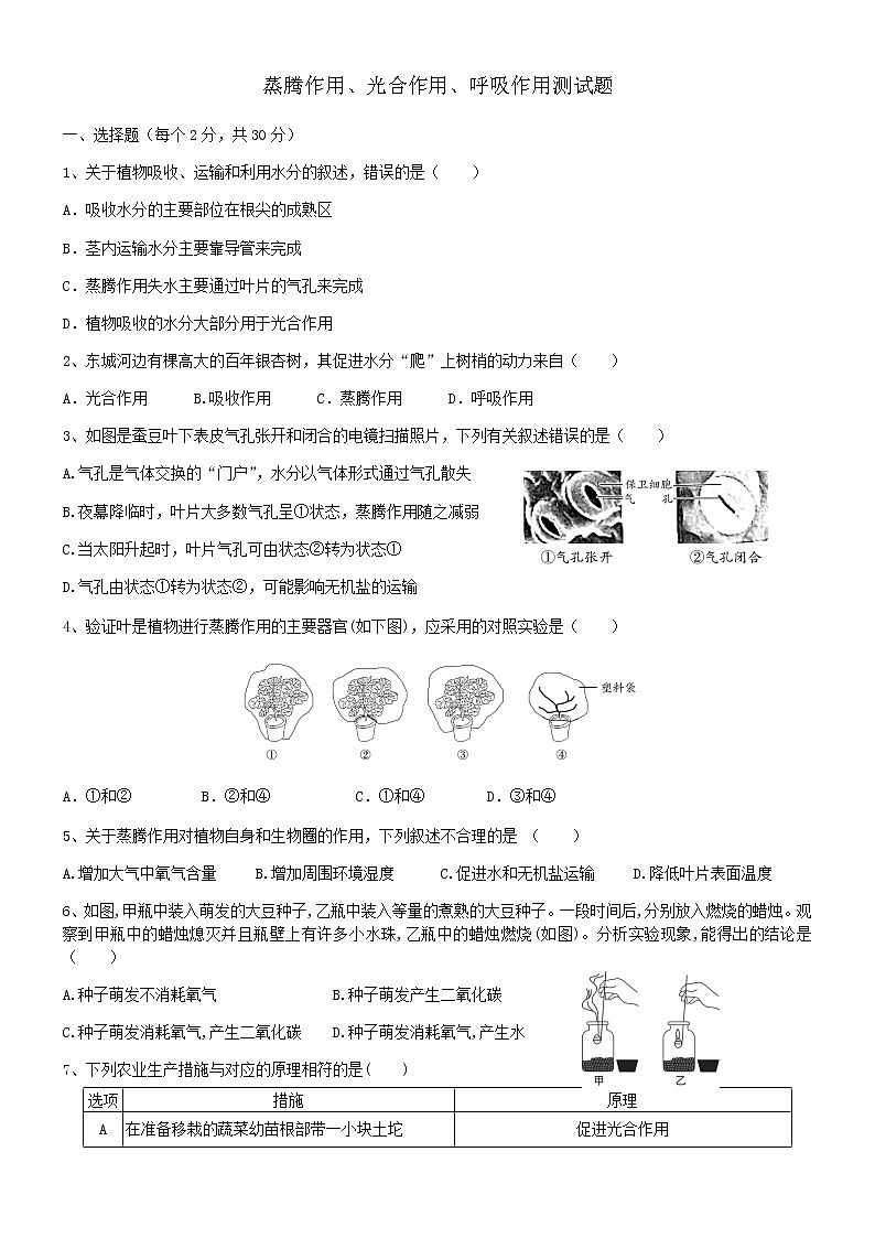 植物的三大生理作用测试题第1页