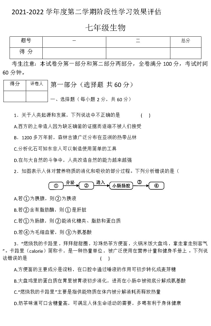 2022人教版七年级下册生物期末考试第1页