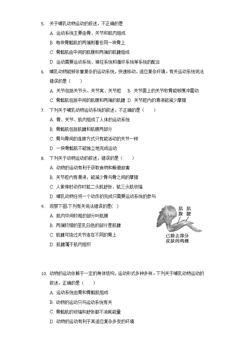 17.1人体的运动    苏科版初中生物八年级上册同步练习（含答案解析）02