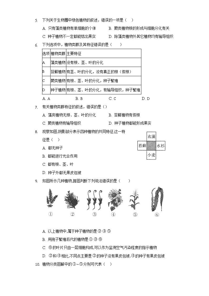 14.1五彩缤纷的植物世界 苏教版初中生物八年级上册同步练习（含答案解析）02