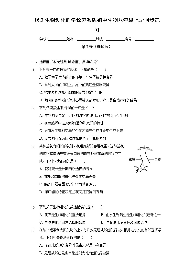 16.3生物进化的学说  苏教版初中生物八年级上册同步练习（含答案解析）01