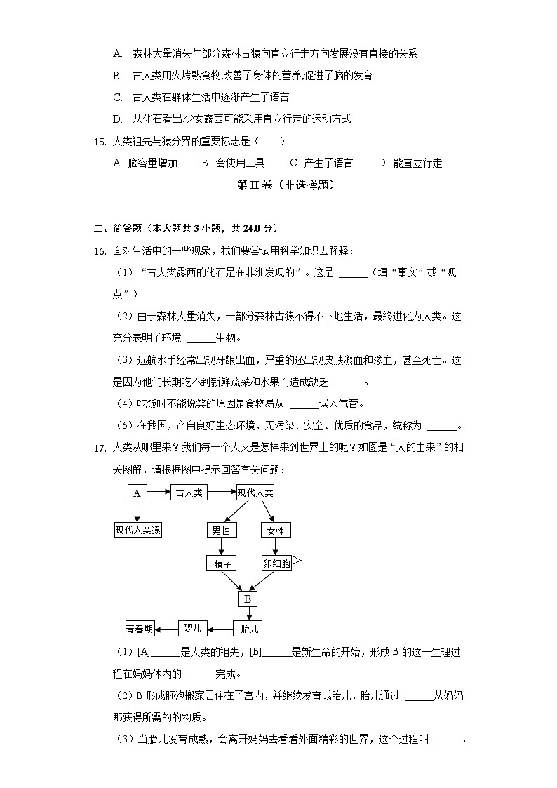 16.4人类的起源和进化  苏教版初中生物八年级上册同步练习（含答案解析）03