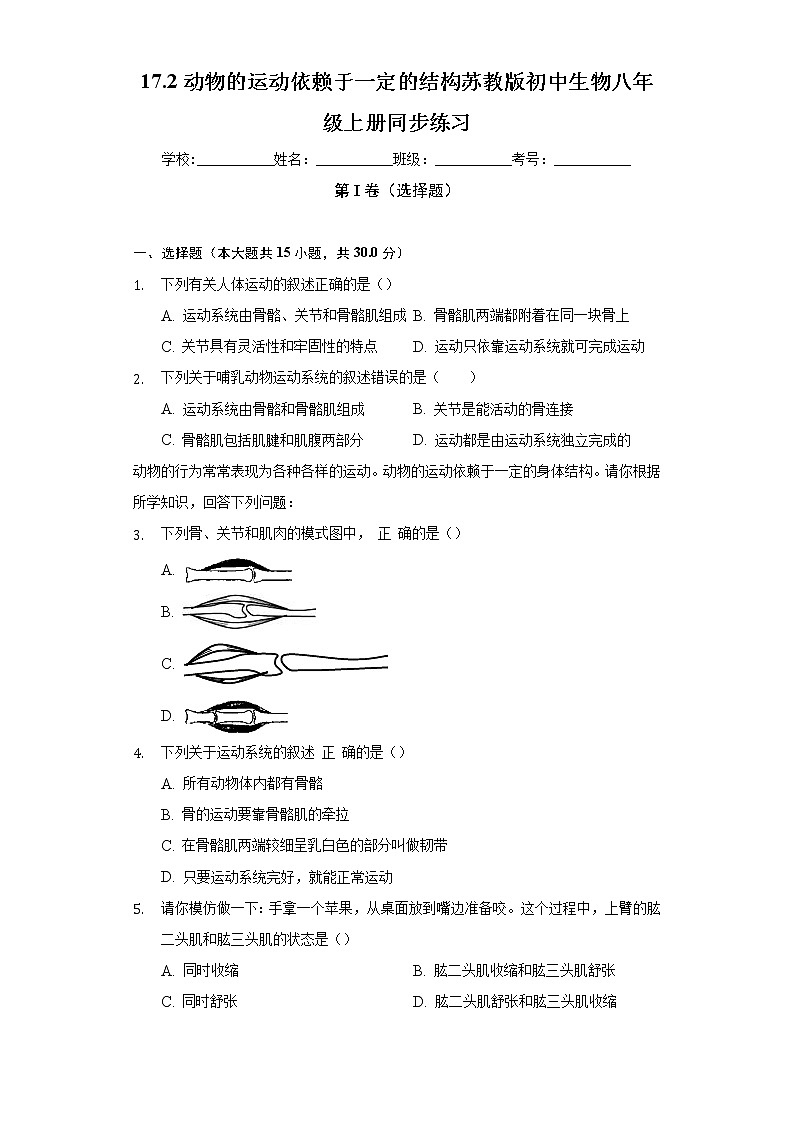 17.2动物的运动依赖于一定的结构  苏教版初中生物八年级上册同步练习（含答案解析）01