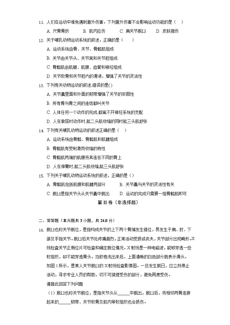 17.2动物的运动依赖于一定的结构  苏教版初中生物八年级上册同步练习（含答案解析）03