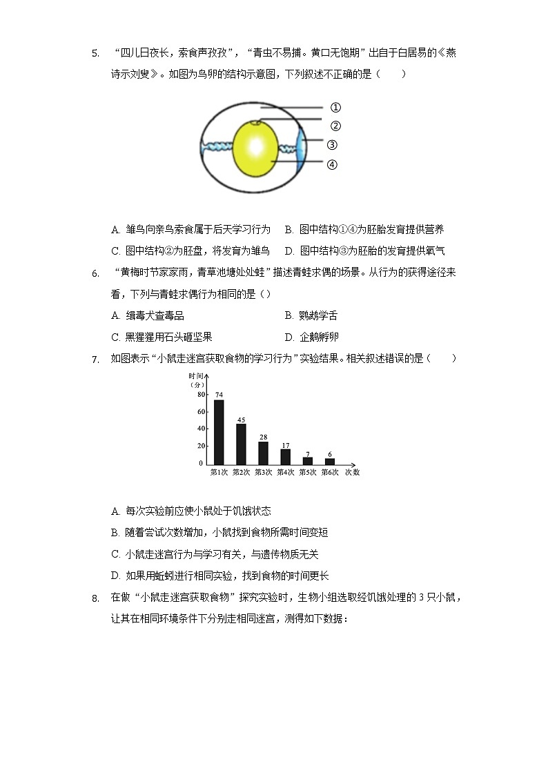 18.2动物行为的生理基础  苏教版初中生物八年级上册同步练习（含答案解析）02