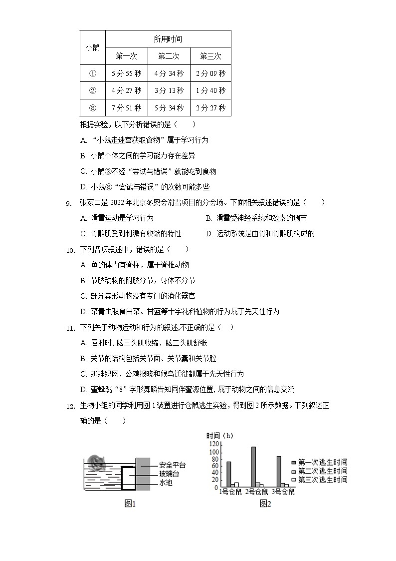 18.2动物行为的生理基础  苏教版初中生物八年级上册同步练习（含答案解析）03