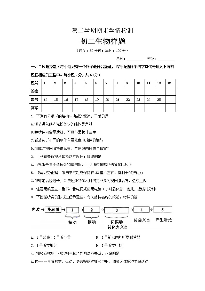 山东省泰安市泰山区（五四制）2021-2022学年七年级下学期期末考试生物试题(word版含答案)01