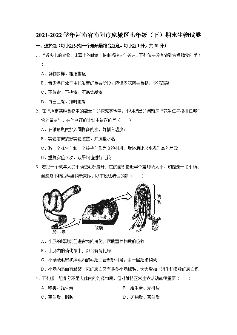 河南省南阳市宛城区2021-2022学年七年级下学期期末生物试卷(word版含答案)01