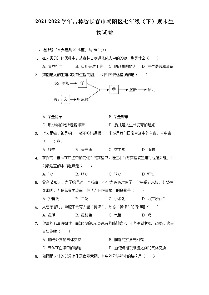 吉林省长春市朝阳区2021-2022学年七年级下学期期末生物试卷(word版含答案)第1页