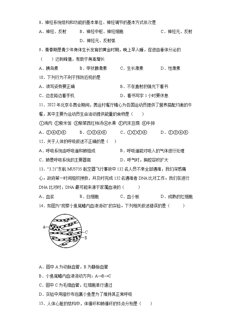 河北省唐山市滦州市2021-2022学年七年级下学期期末生物试题(word版含答案)02