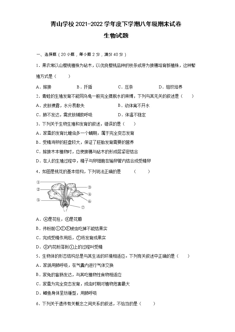 安徽省滁州市定远县青山学校2021-2022学年八年级下学期期末生物试卷(word版含答案)第1页