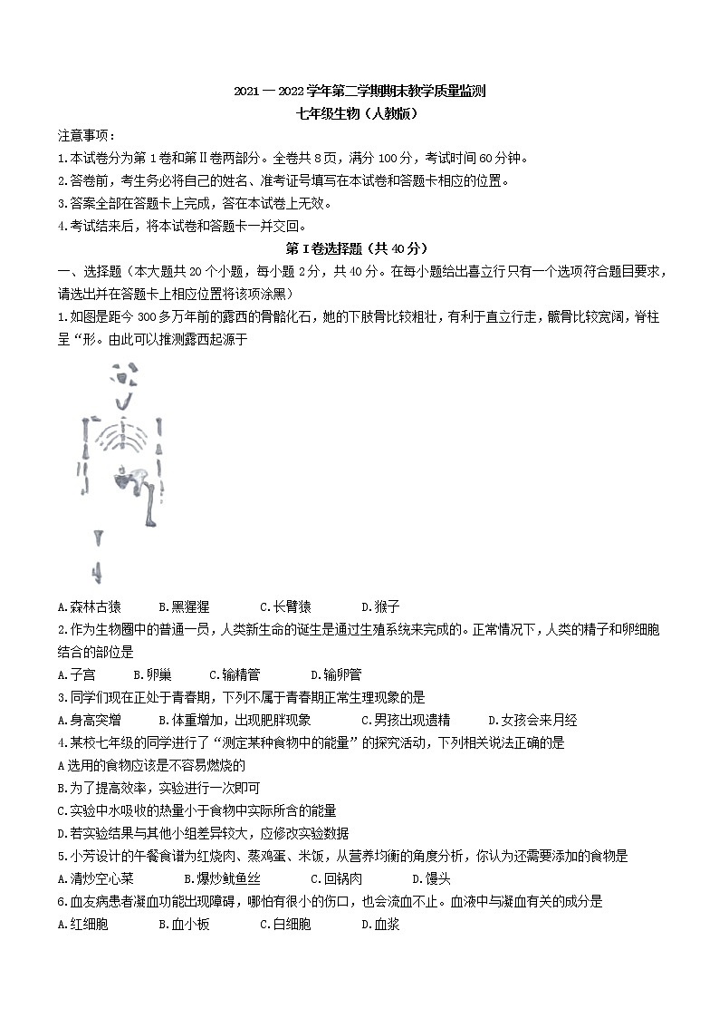 山西省大同市2021-2022学年七年级下学期期末生物试题(word版含答案)01