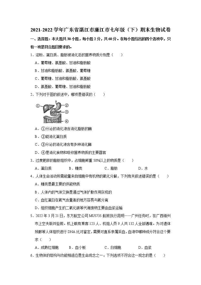 广东省湛江市廉江市2021-2022学年七年级下学期期末生物试卷(word版含答案)01