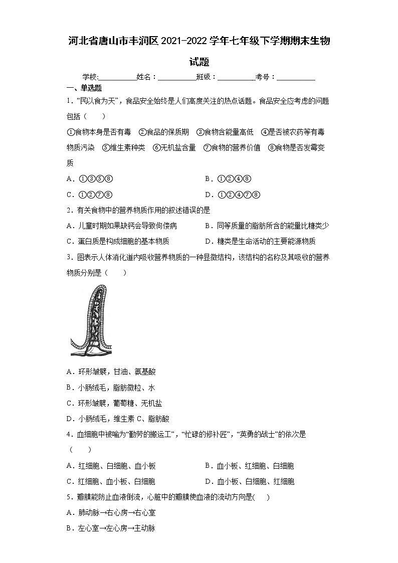 河北省唐山市丰润区2021-2022学年七年级下学期期末生物试题(word版含答案)01