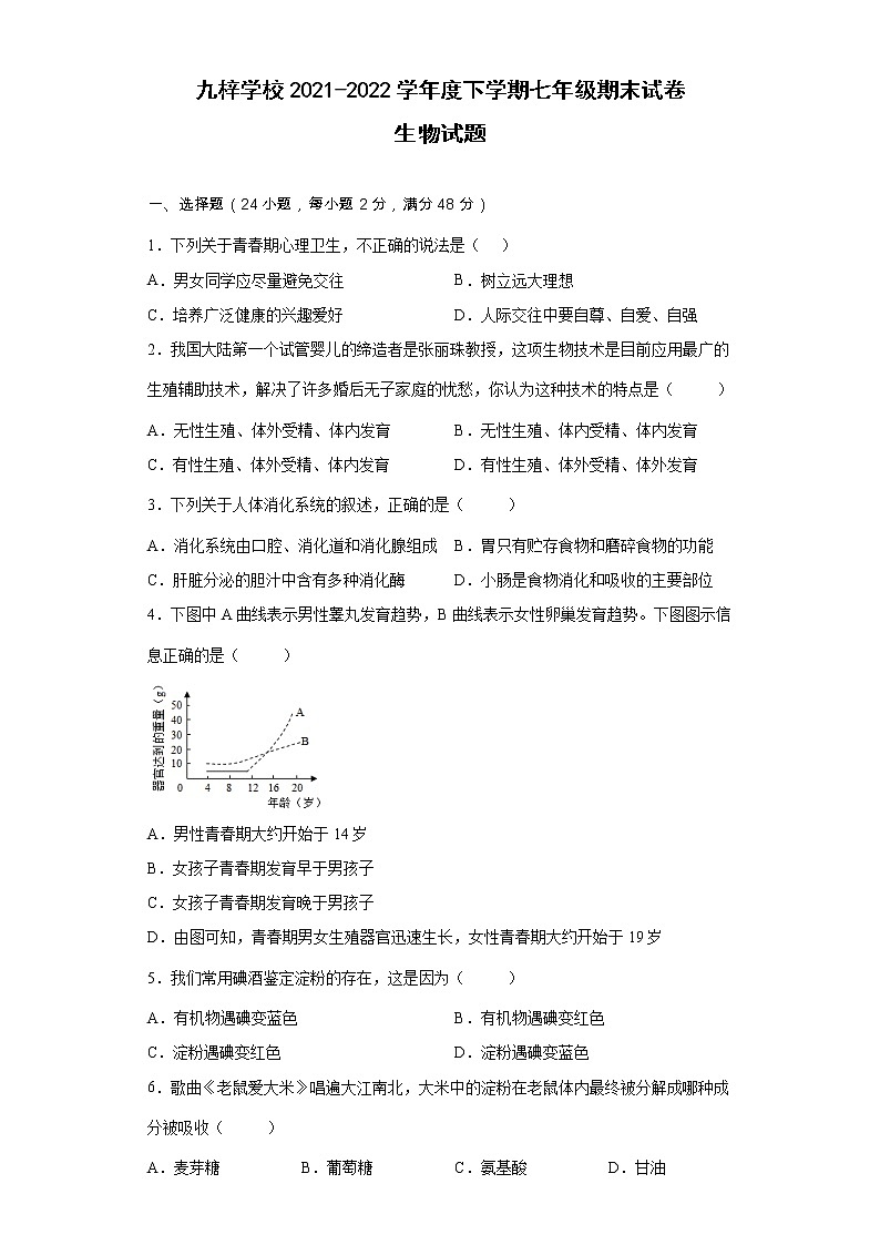安徽省滁州市定远县九梓学校2021-2022学年七年级下学期期末考试生物试题(word版含答案)01