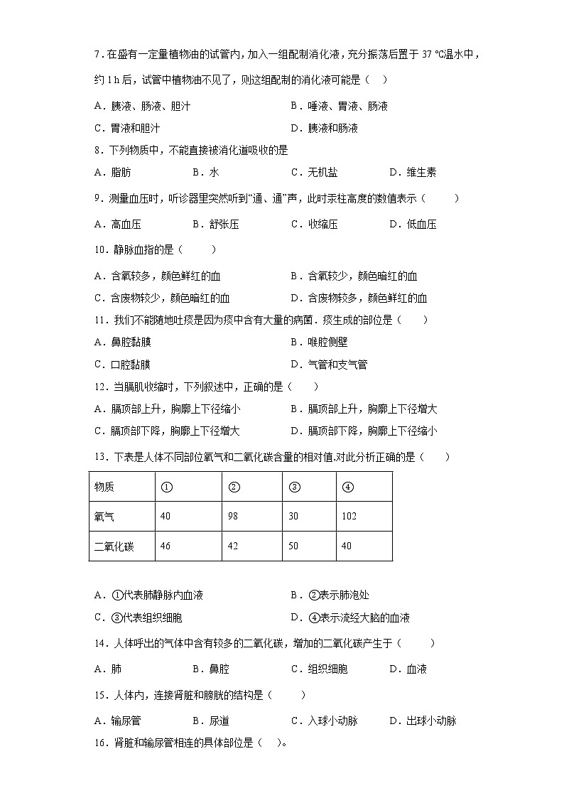安徽省滁州市定远县九梓学校2021-2022学年七年级下学期期末考试生物试题(word版含答案)02