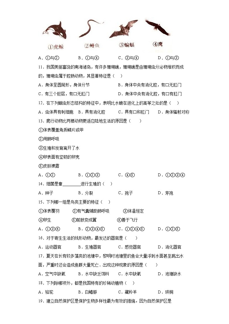 黑龙江省佳木斯市抚远市2021-2022学年八年级上学期期末生物试题-(word版含答案)02