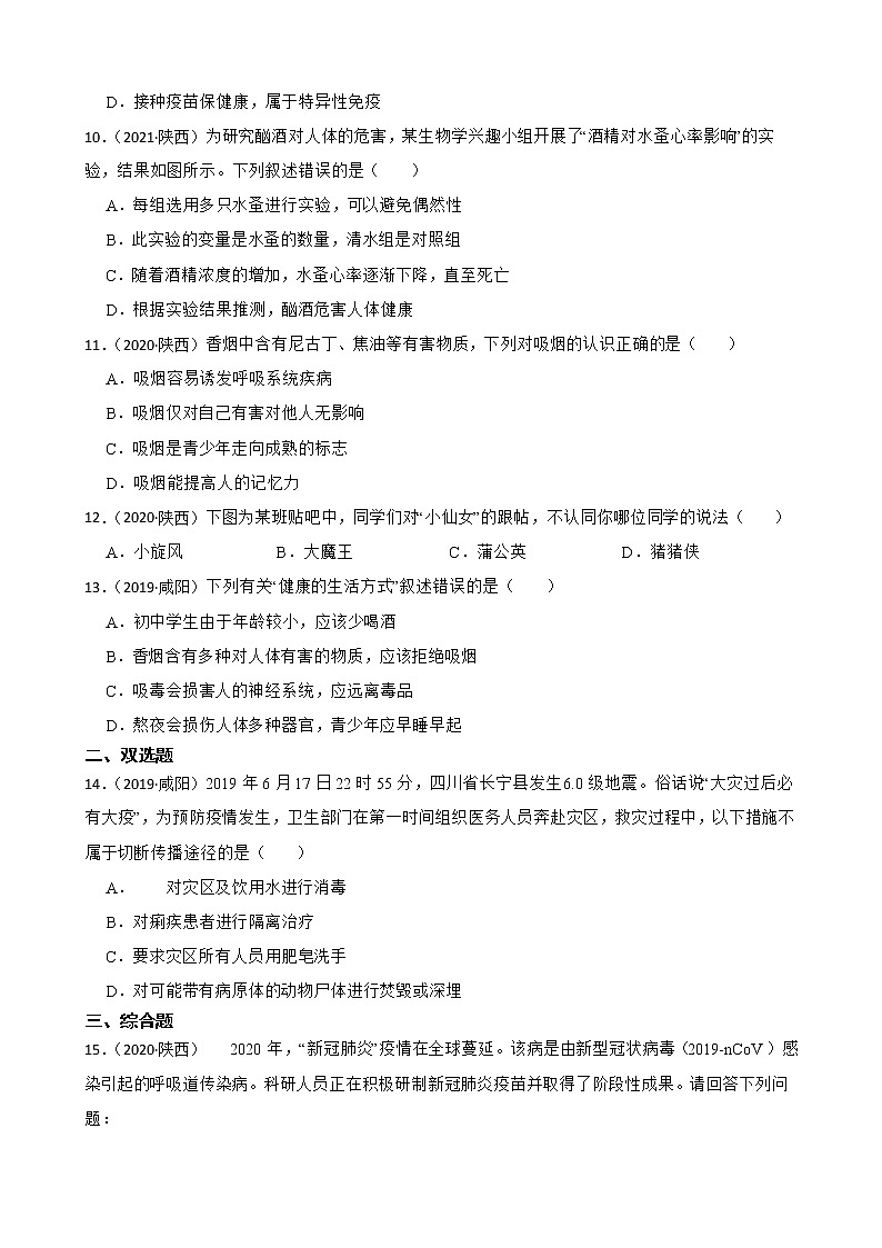 陕西省至2022年历年生物学中考真题分类汇编09 健康的生活及答案03