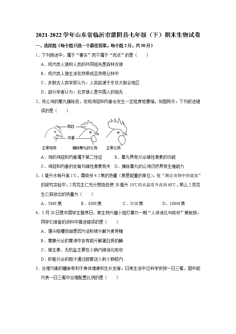 山东省临沂市蒙阴县2021-2022学年七年级下学期期末生物试卷(word版含答案)01