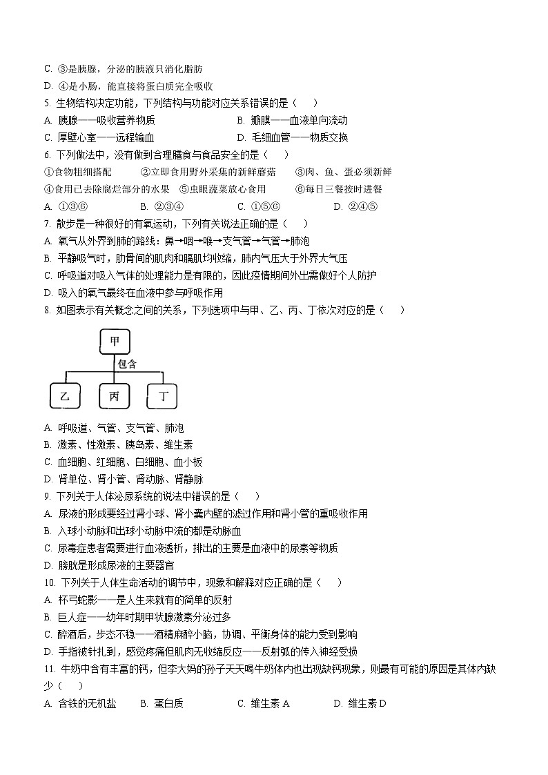 山东省聊城临清市2021-2022学年七年级下学期期末生物试题(word版含答案)02