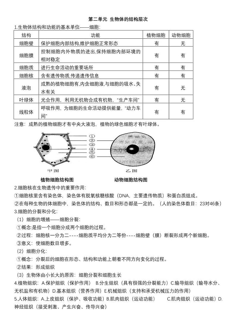 七年级上册生物分单元知识梳理第2页
