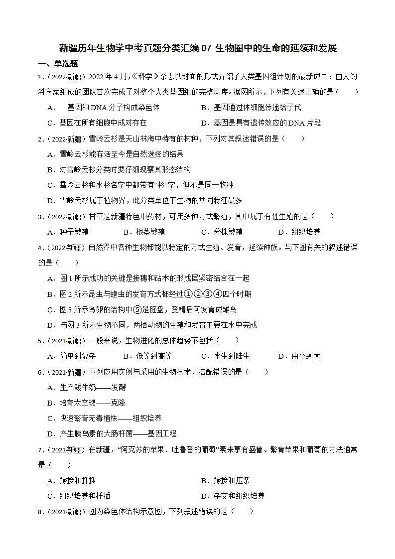 新疆至2022年生物学中考真题分类汇编07 生物圈中的生命的延续和发展及答案第1页