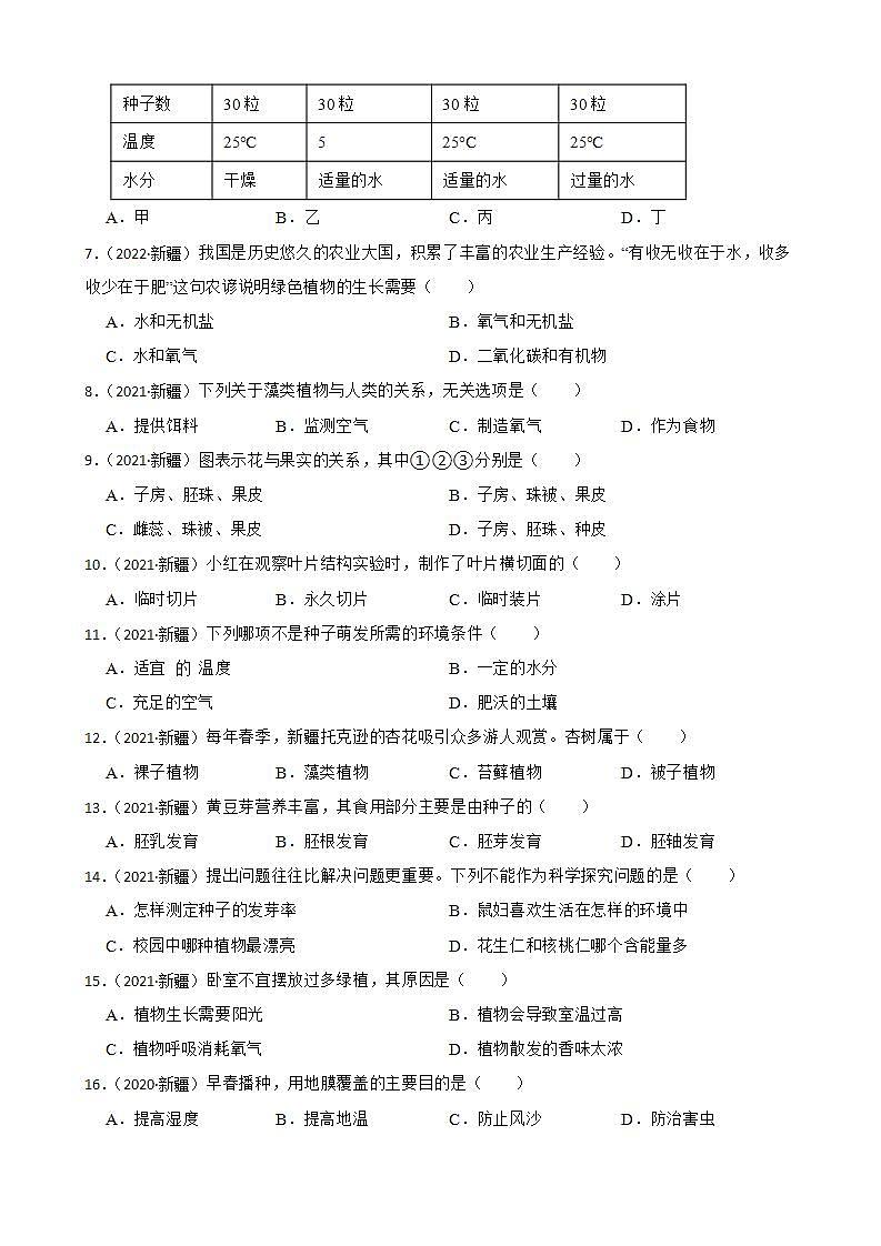 新疆至2022年生物学中考真题分类汇编03 生物圈中的绿色植物及答案02