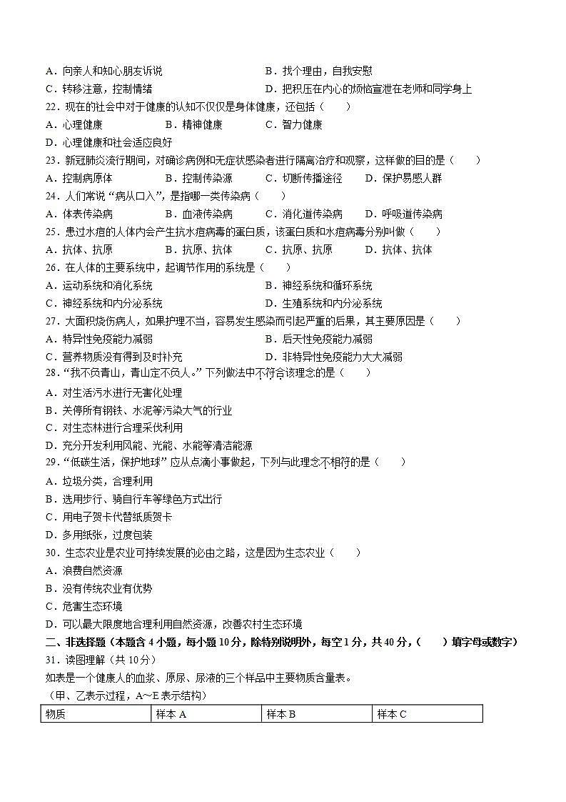 广东省揭阳市揭东区2021-2022学年七年级下学期期末生物试题(word版含答案)03