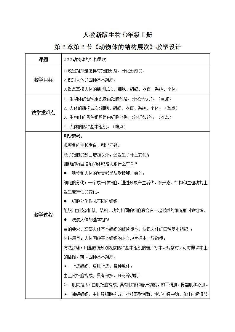 人教新版生物七年级上册《动物体的结构层次》课件+教案+练习01