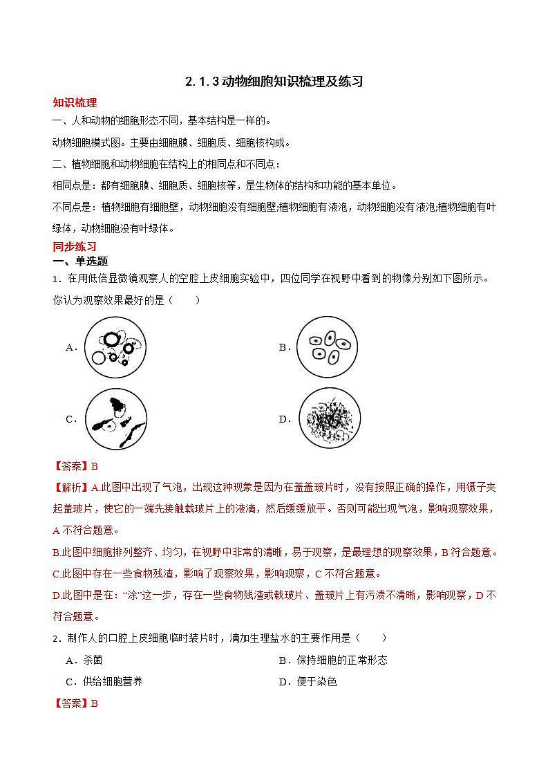 2.1.3动物细胞知识梳理及练习 2022-2023年人教版生物七年级上册（解析版+原卷版）01