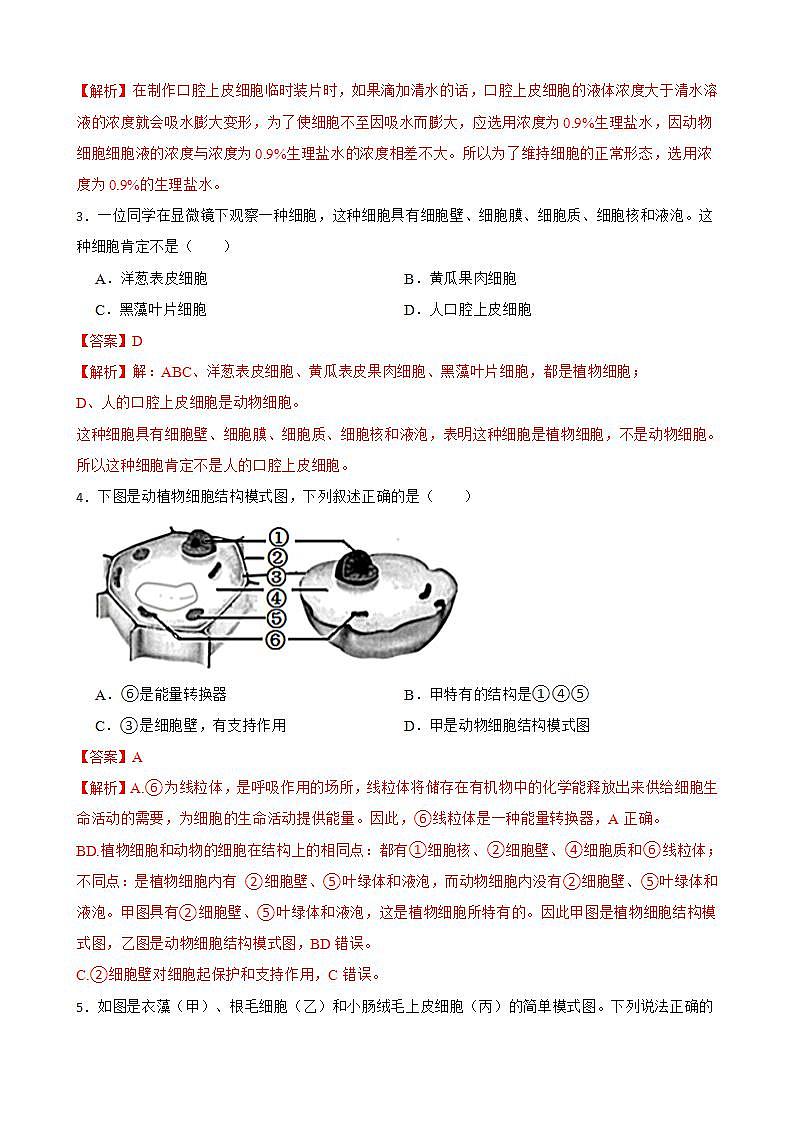 2.1.3动物细胞知识梳理及练习 2022-2023年人教版生物七年级上册（解析版+原卷版）02