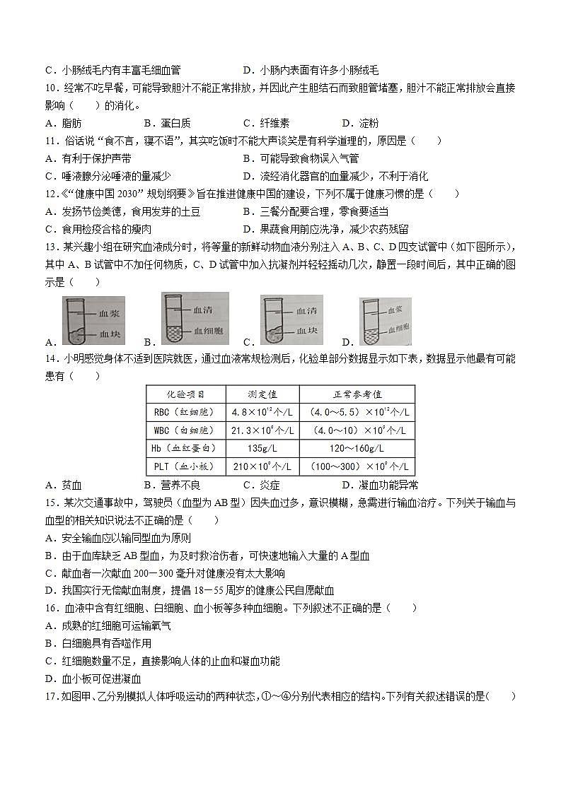 湖南省永州市新田县2021-2022学年七年级下学期期末生物试题(word版含答案)02