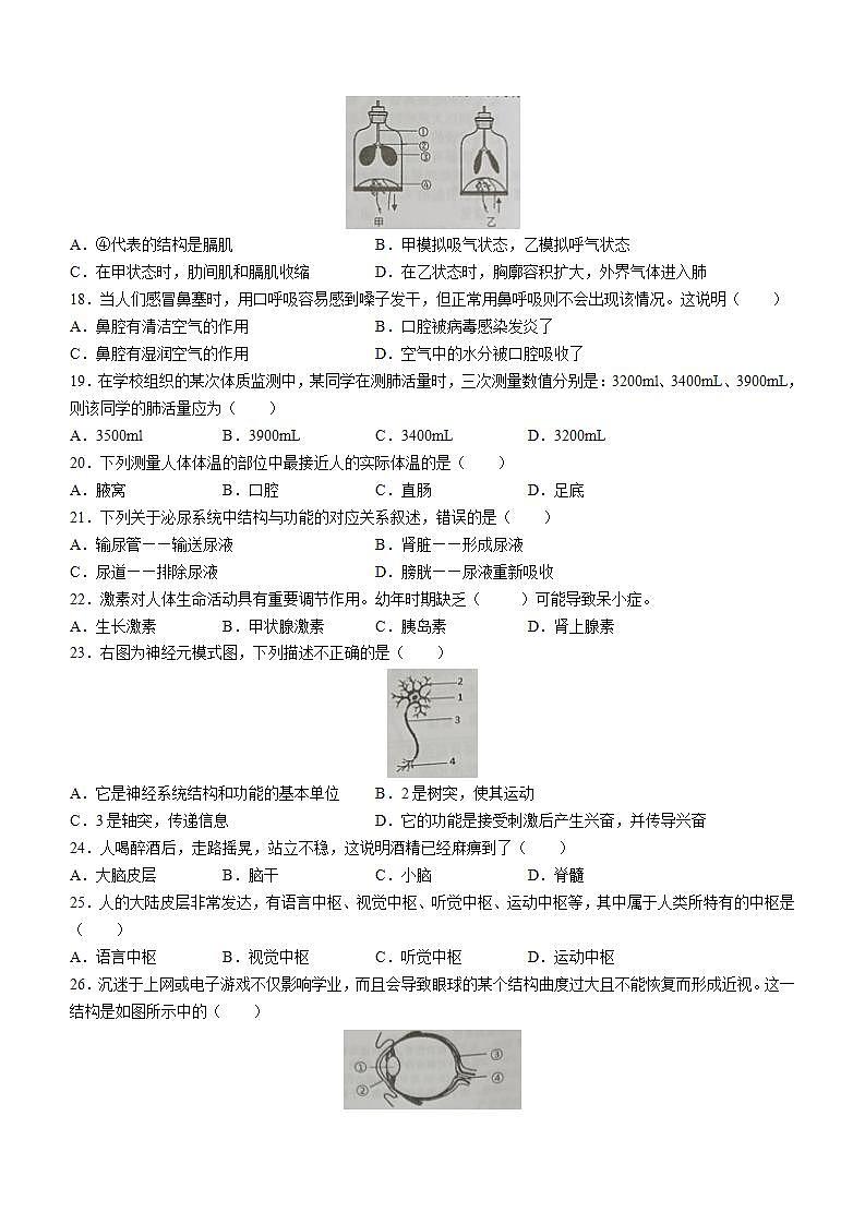 湖南省永州市新田县2021-2022学年七年级下学期期末生物试题(word版含答案)03