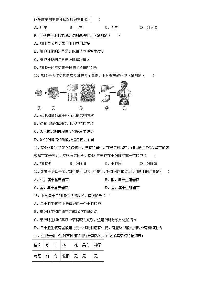 河南省开封市兰考县2021-2022学年七年级上学期期末生物试题(word版含答案)02