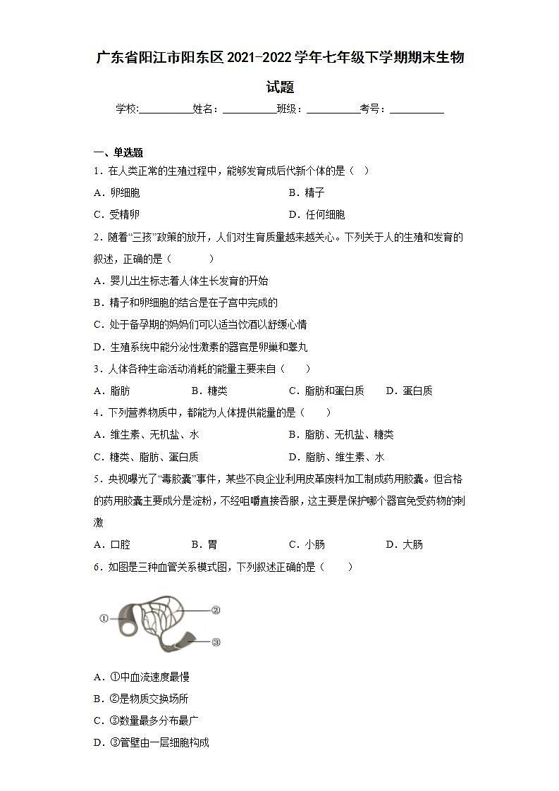 广东省阳江市阳东区2021-2022学年七年级下学期期末生物试题(word版含答案)01