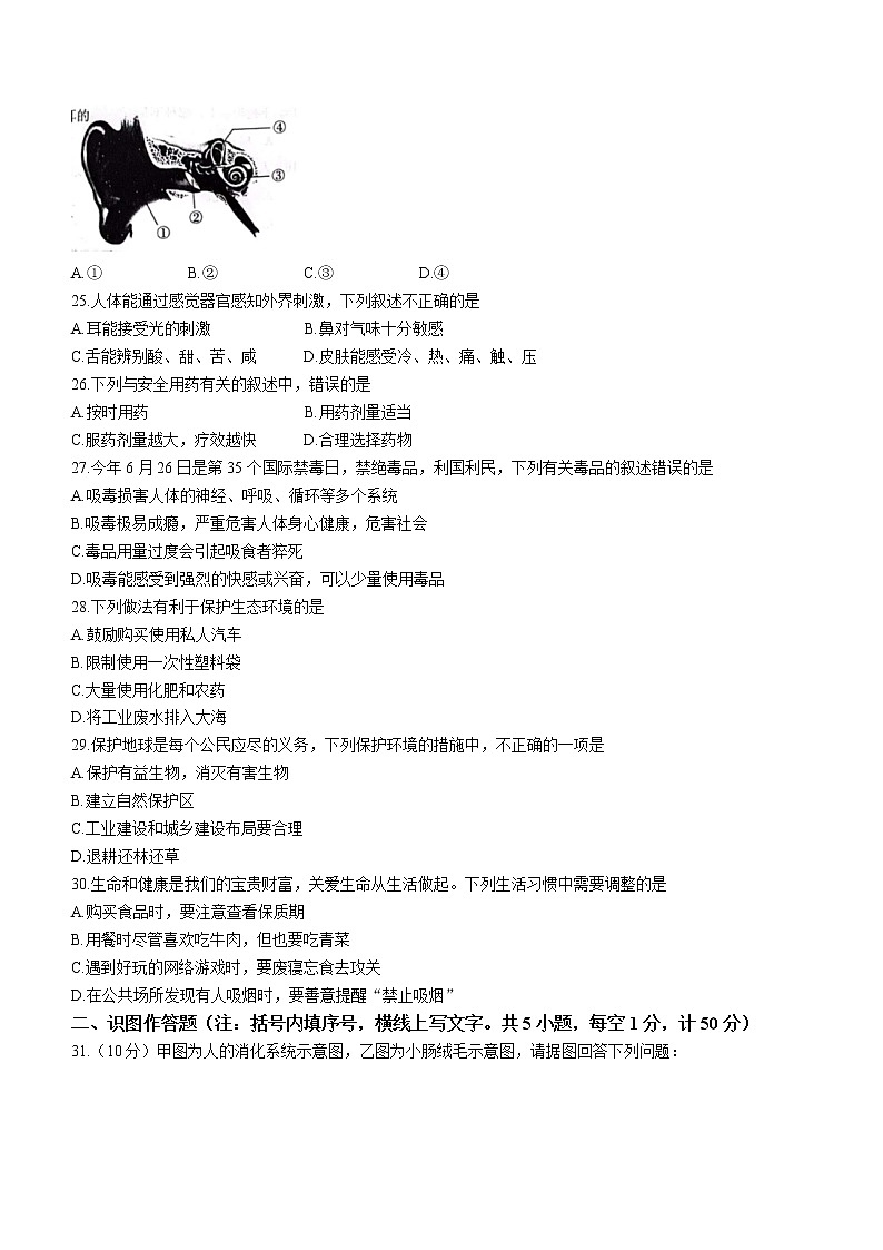 辽宁省抚顺市抚顺县2021-2022学年七年级下学期期末生物试题(word版含答案)第3页