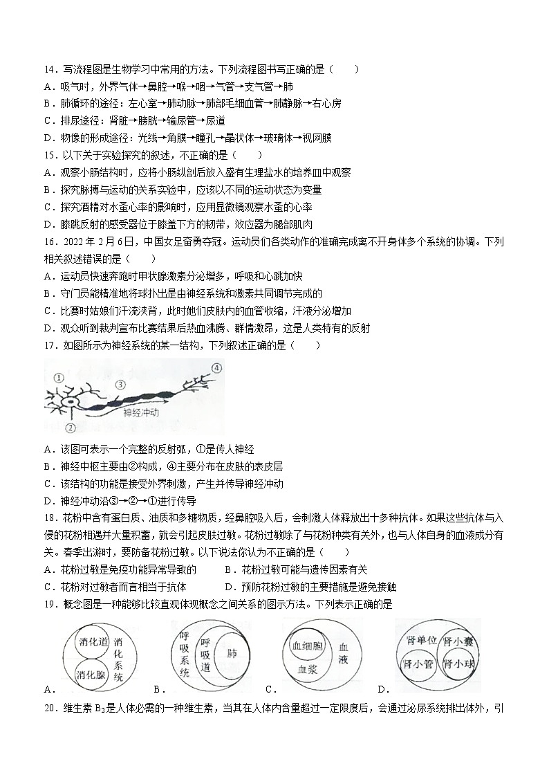 山东省潍坊市诸城市2021-2022学年七年级下学期期末生物试题(word版含答案)03