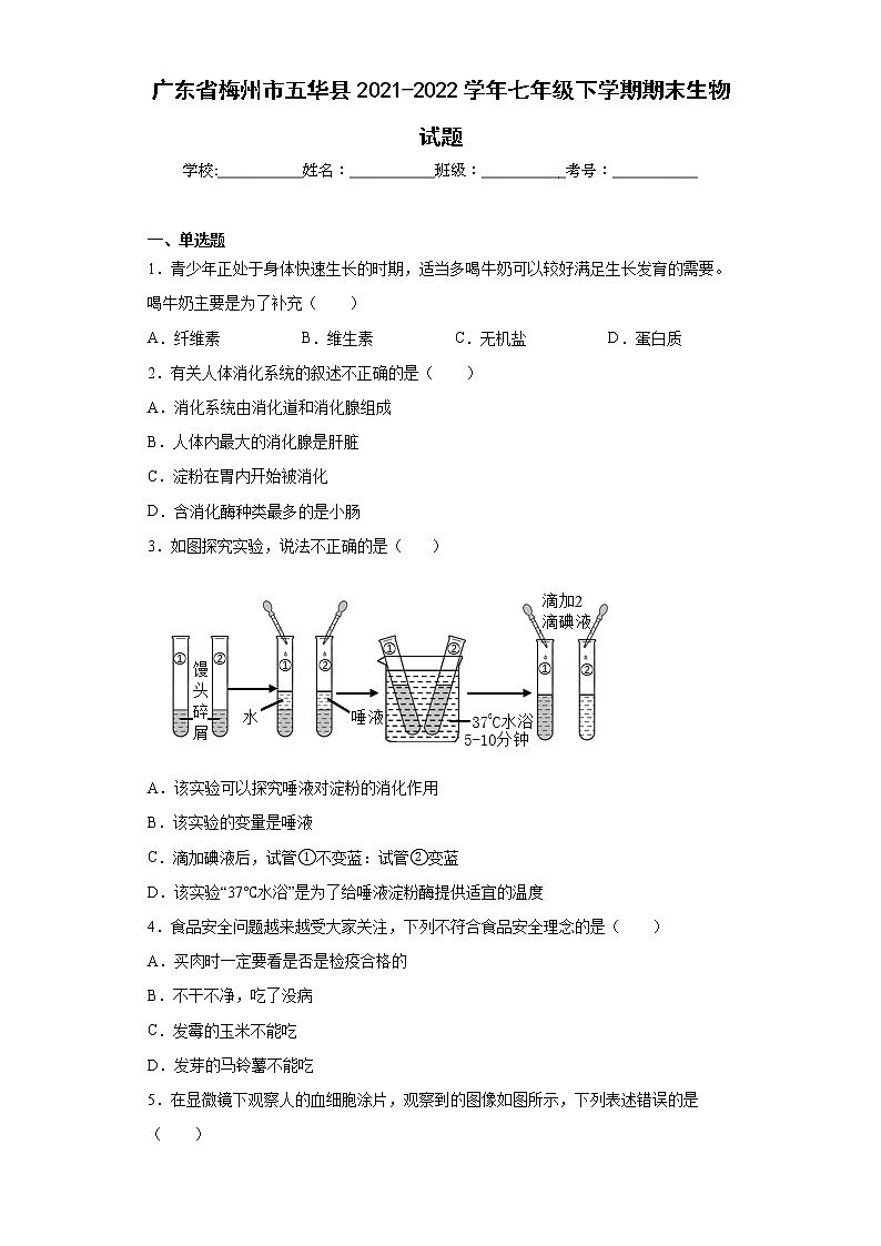广东省梅州市五华县2021-2022学年七年级下学期期末生物试题(word版含答案)01