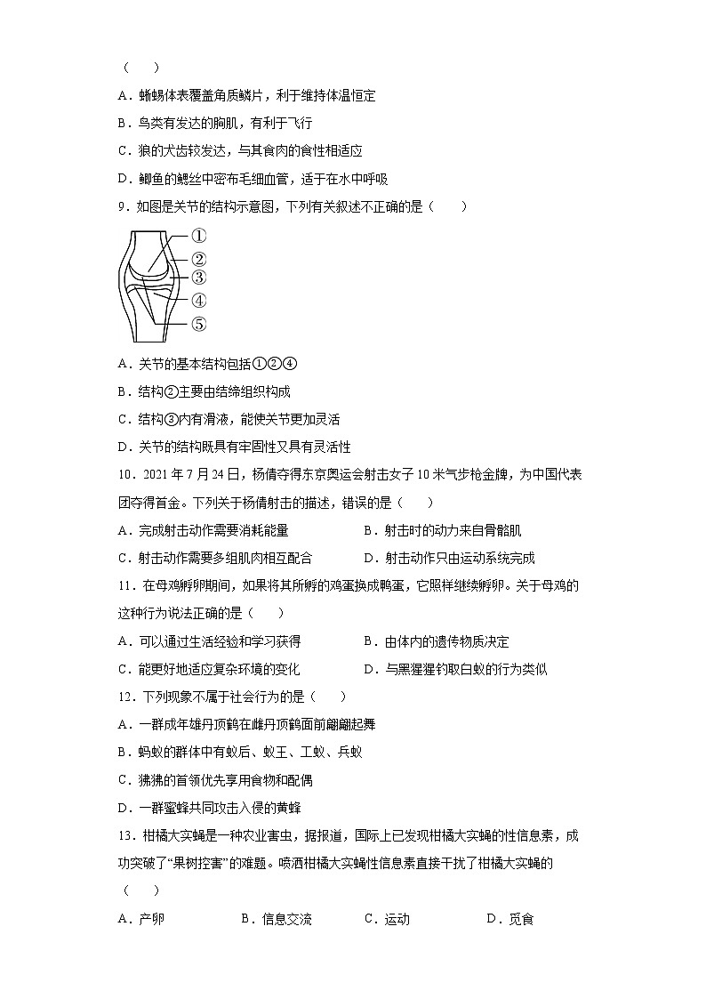 河南省郑州市第五十七中学2021-2022学年八年级上学期期末生物试题(word版含答案)第2页