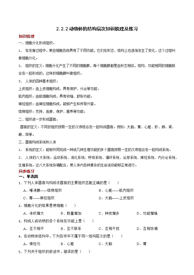 2.2.2动物体的结构层次知识梳理及练习 2022-2023年人教版生物七年级上册（原卷版）第1页