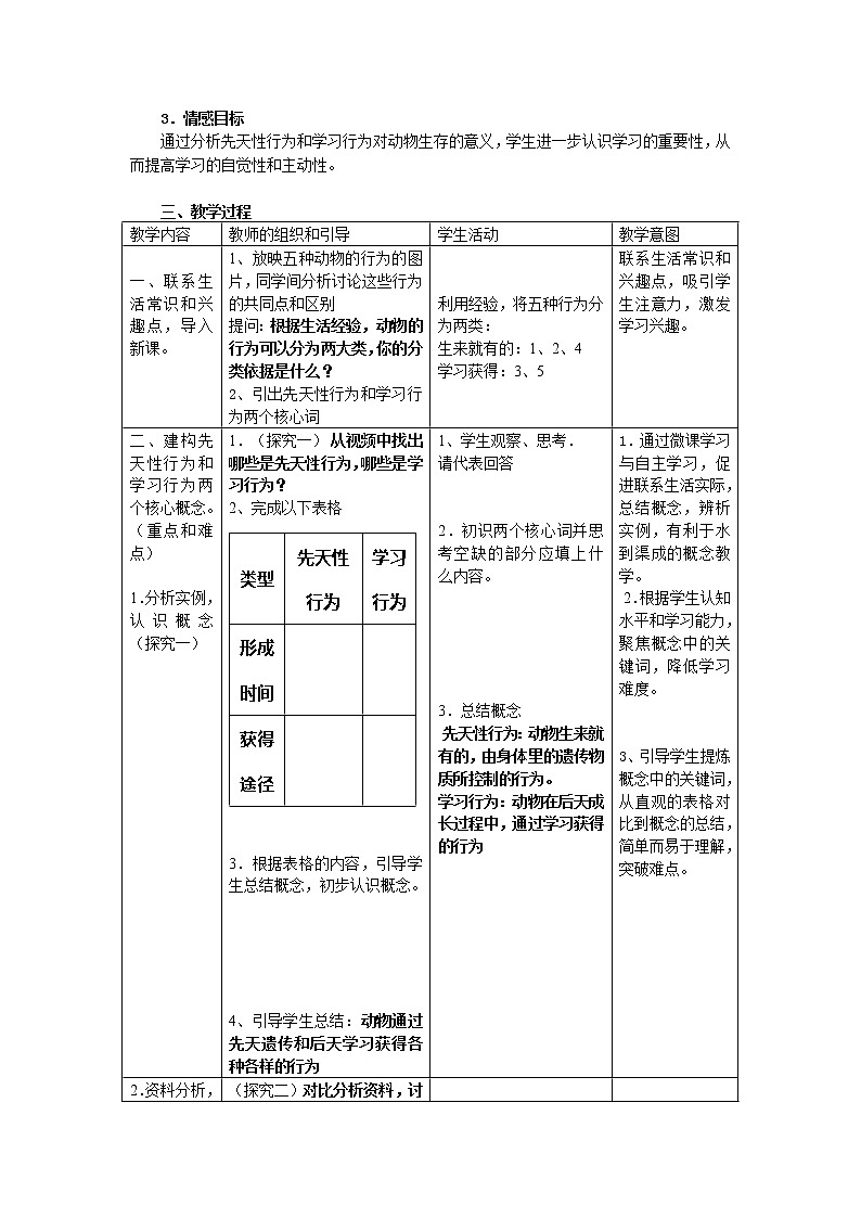 冀少版八上生物 4.2.3先天性行为和学习行为  教案第2页