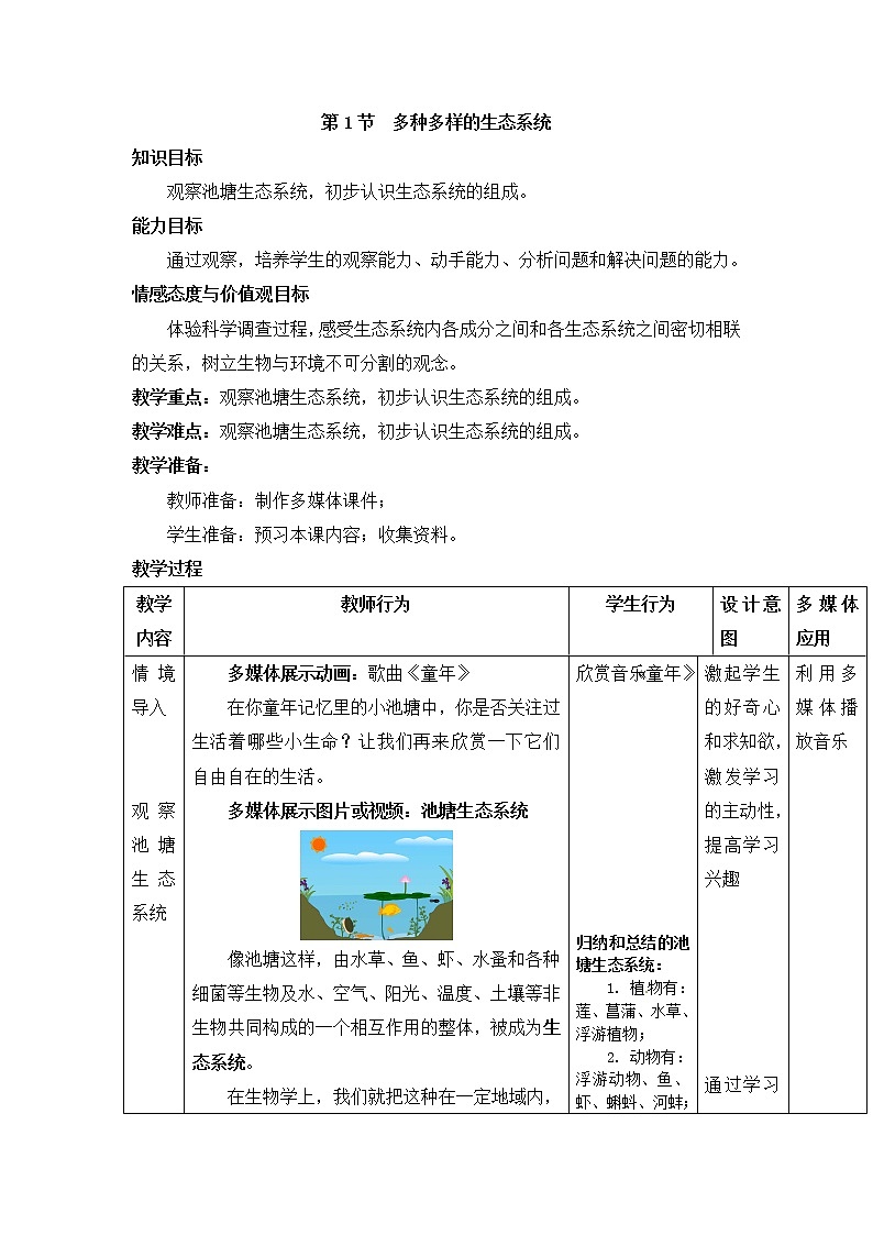 苏科版七上生物 3.1多种多样的生态系统  教案01